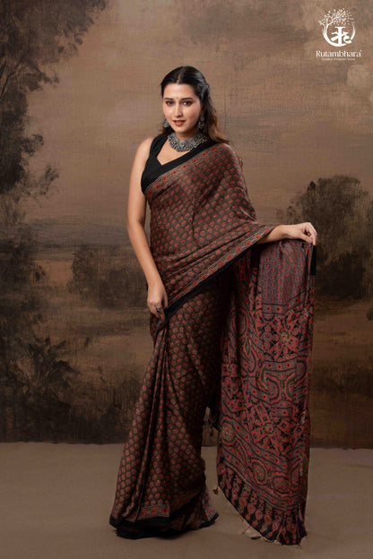 Ushraa - Sandstone Ajrakh Modal Silk Saree with Hand Embroidered Pallu-RUTAMBHARA-RUTAMBHARA