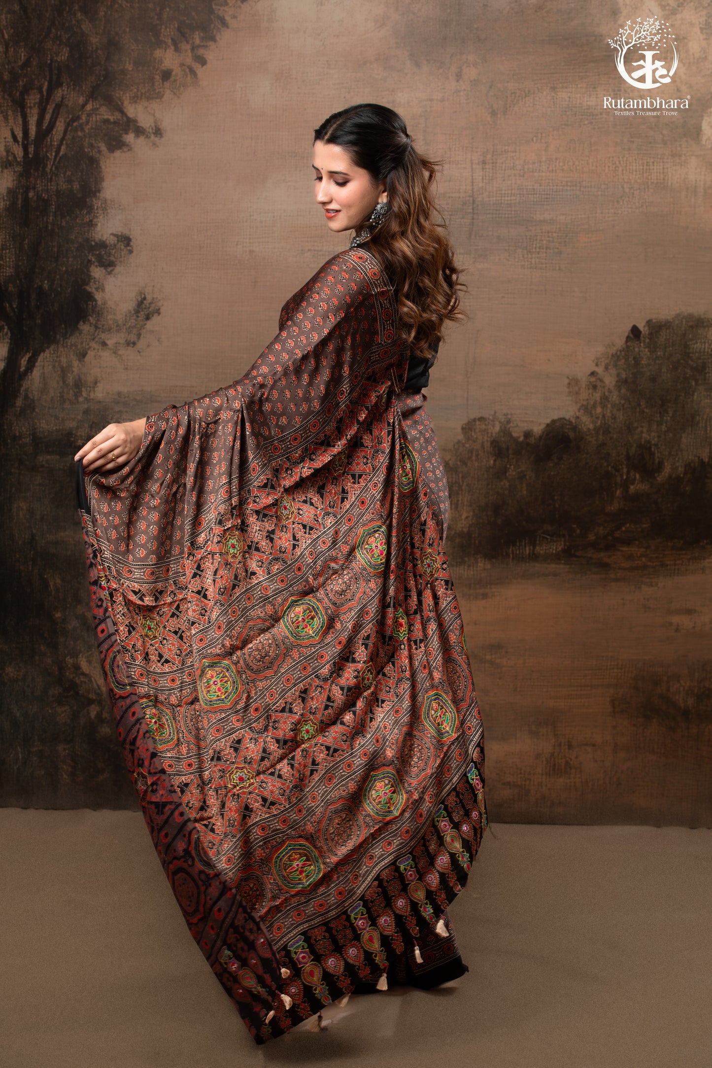 Ushraa - Sandstone Ajrakh Modal Silk Saree with Hand  Embroidered Pallu