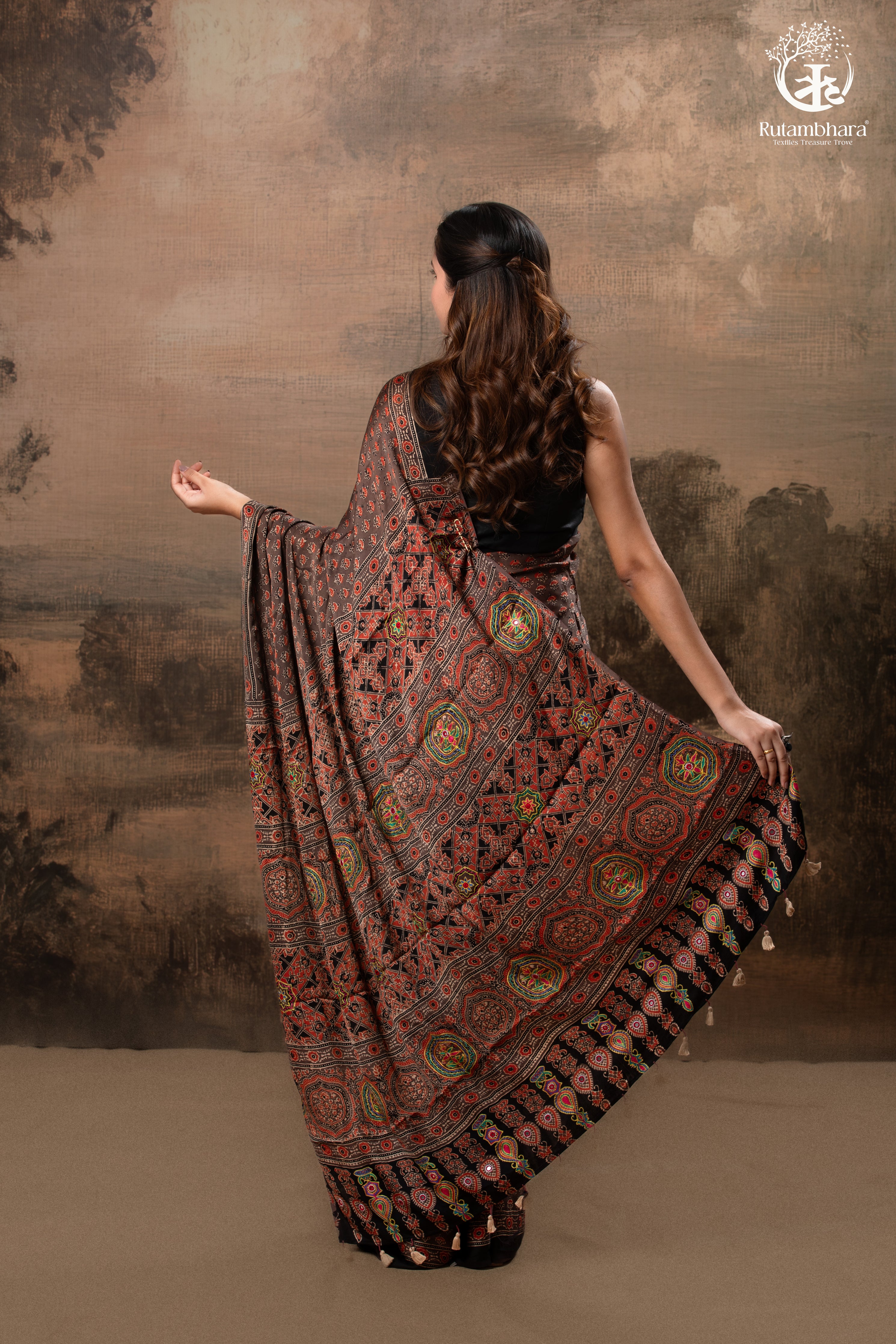 Ushraa - Sandstone Ajrakh Modal Silk Saree with Hand  Embroidered Pallu