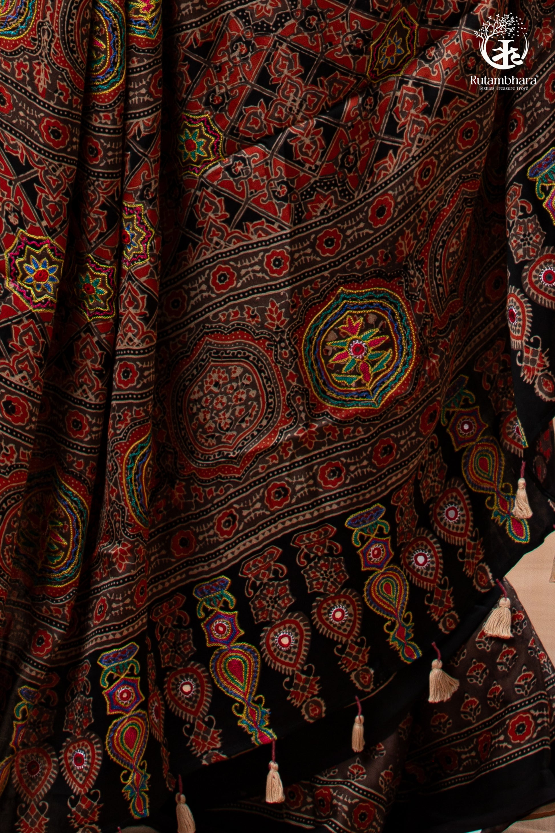 Ushraa - Sandstone Ajrakh Modal Silk Saree with Hand Embroidered Pallu-RUTAMBHARA-RUTAMBHARA