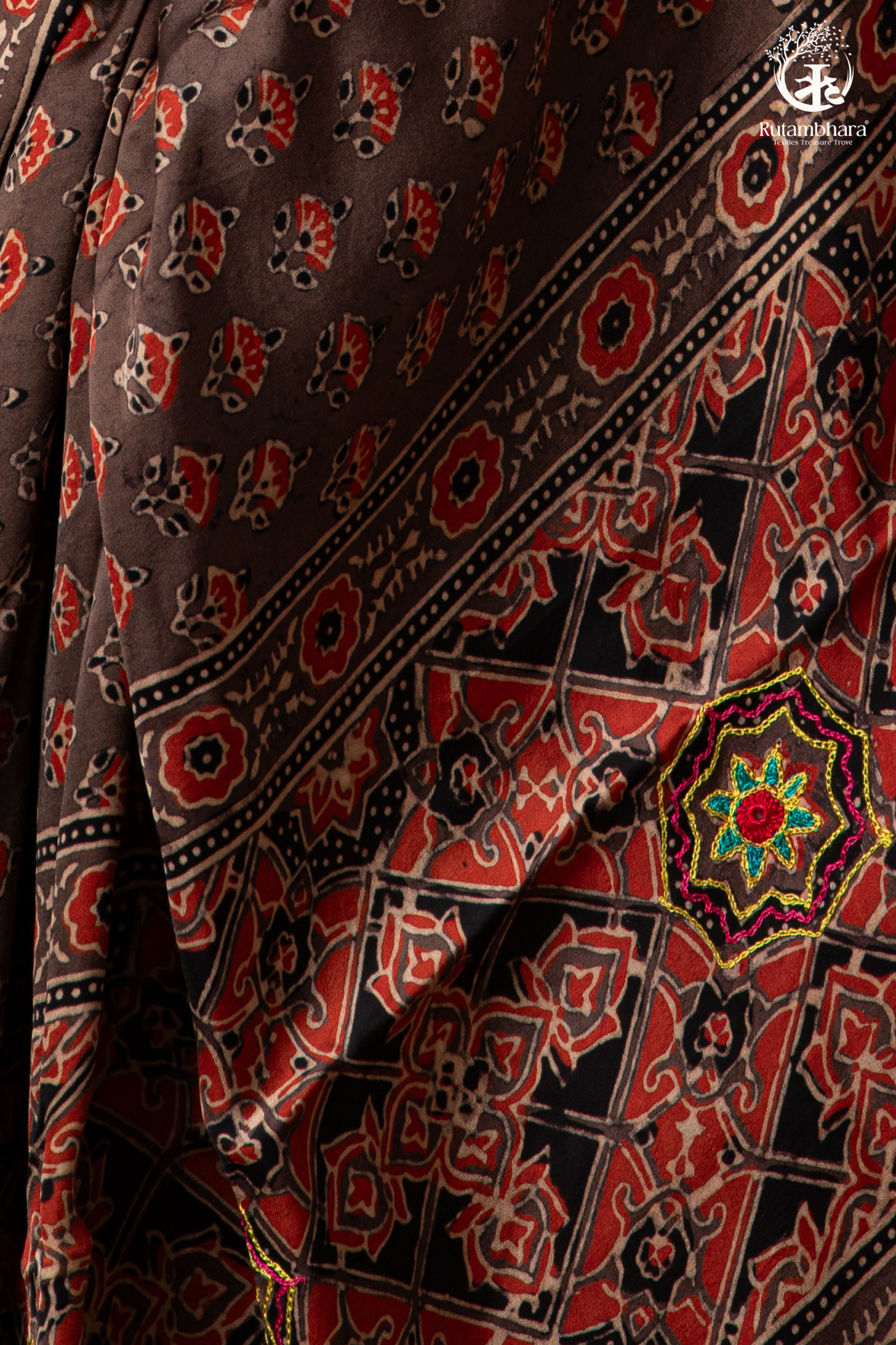 Ushraa - Sandstone Ajrakh Modal Silk Saree with Hand  Embroidered Pallu