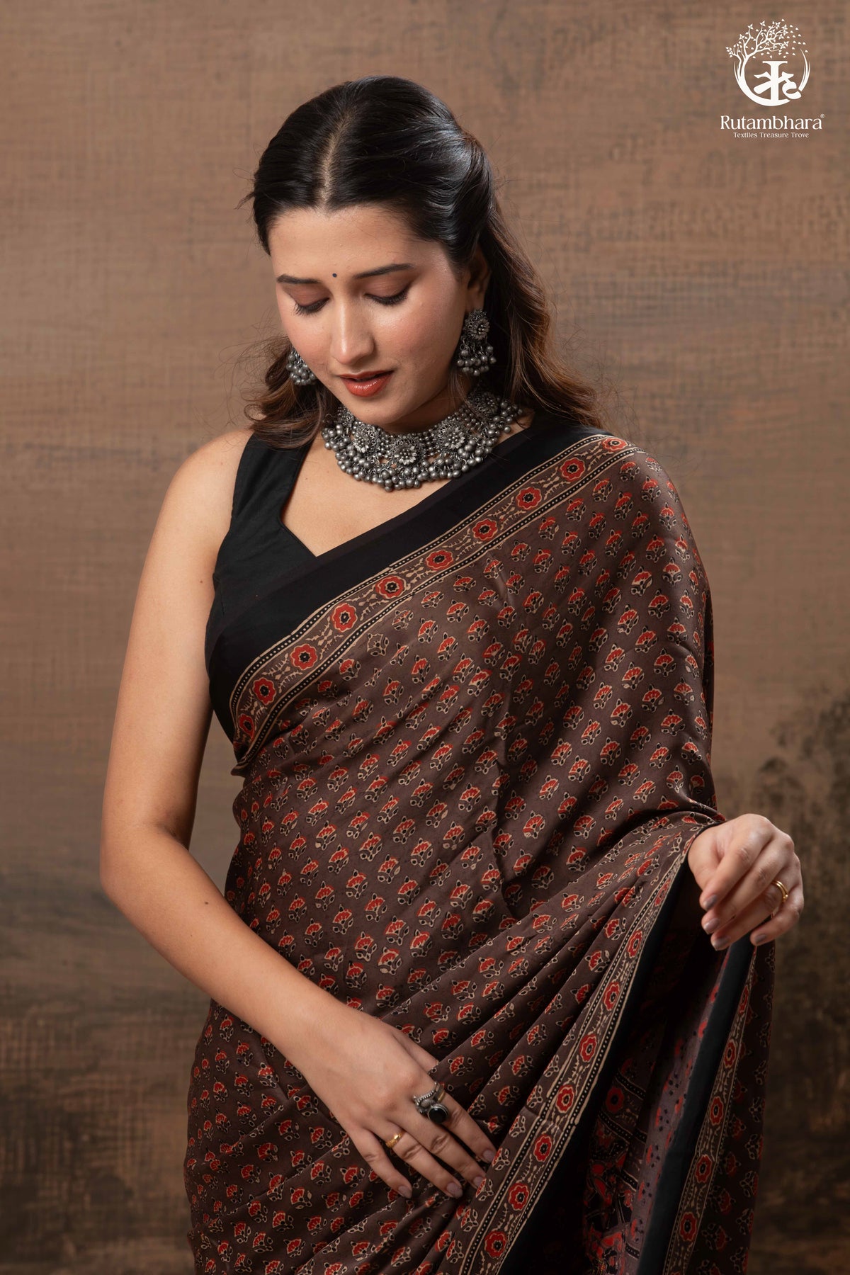 Ushraa - Sandstone Ajrakh Modal Silk Saree with Hand  Embroidered Pallu
