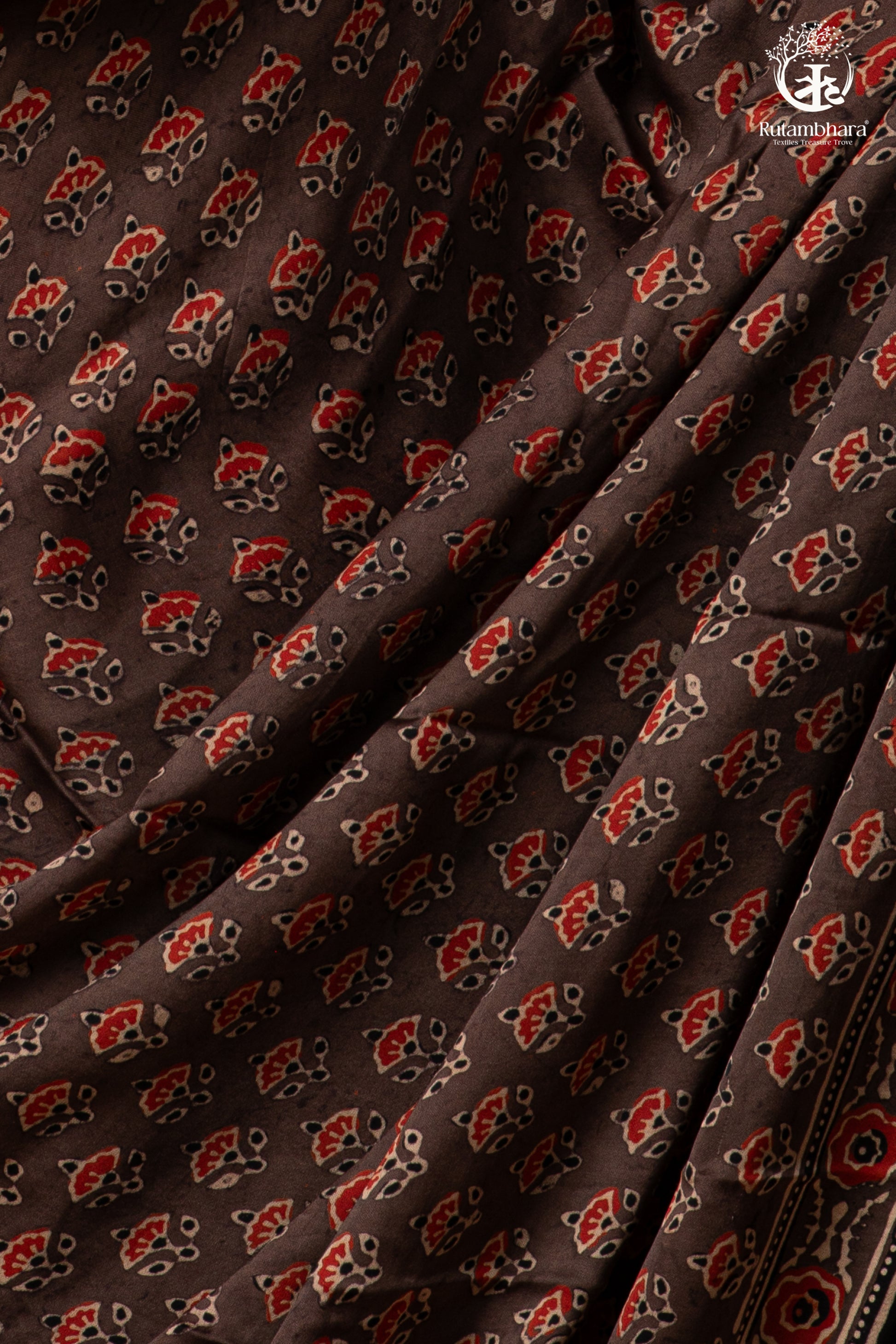 Ushraa - Sandstone Ajrakh Modal Silk Saree with Hand Embroidered Pallu-RUTAMBHARA-RUTAMBHARA