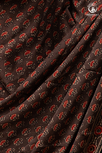 Ushraa - Sandstone Ajrakh Modal Silk Saree with Hand Embroidered Pallu-RUTAMBHARA-RUTAMBHARA