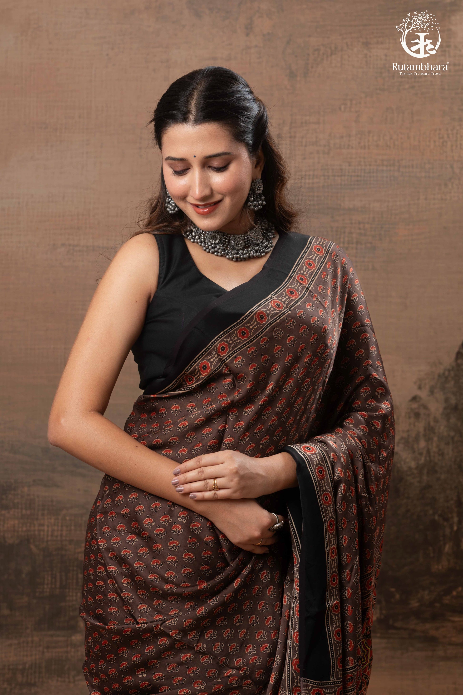 Ushraa - Sandstone Ajrakh Modal Silk Saree with Hand Embroidered Pallu-RUTAMBHARA-RUTAMBHARA