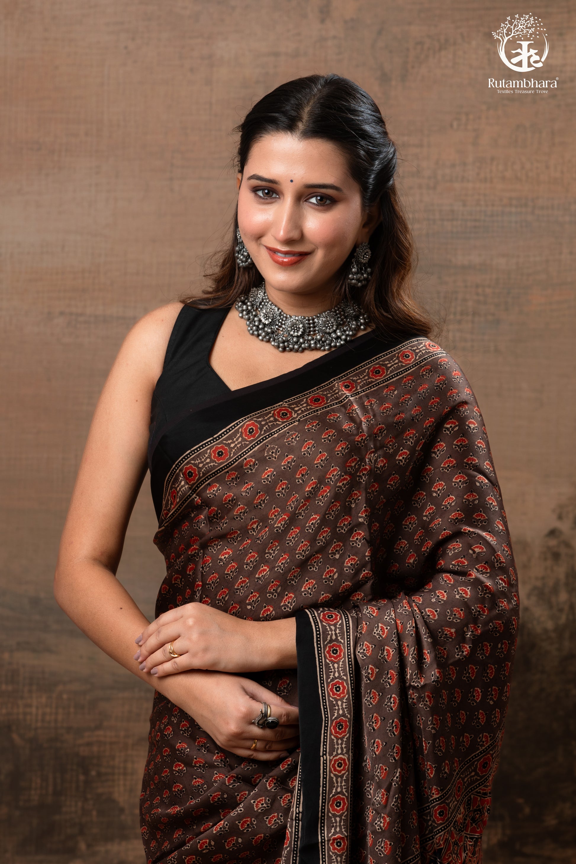 Ushraa - Sandstone Ajrakh Modal Silk Saree with Hand Embroidered Pallu-RUTAMBHARA-RUTAMBHARA