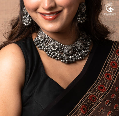 Ushraa - Sandstone Ajrakh Modal Silk Saree with Hand Embroidered Pallu-RUTAMBHARA-RUTAMBHARA