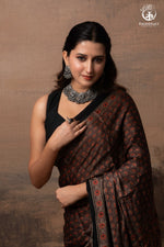 Ushraa - Sandstone Ajrakh Modal Silk Saree with Hand Embroidered Pallu-RUTAMBHARA-RUTAMBHARA