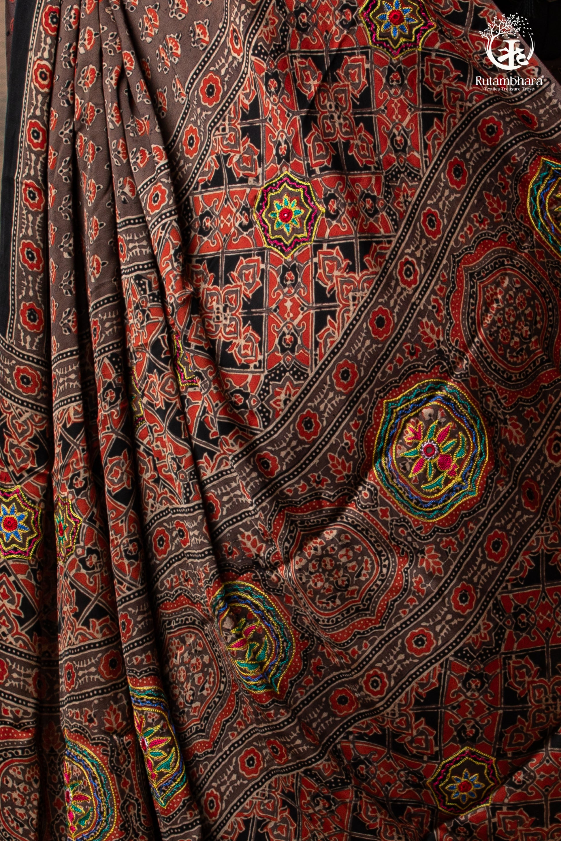 Ushraa - Sandstone Ajrakh Modal Silk Saree with Hand Embroidered Pallu-RUTAMBHARA-RUTAMBHARA