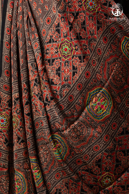 Ushraa - Sandstone Ajrakh Modal Silk Saree with Hand Embroidered Pallu-RUTAMBHARA-RUTAMBHARA