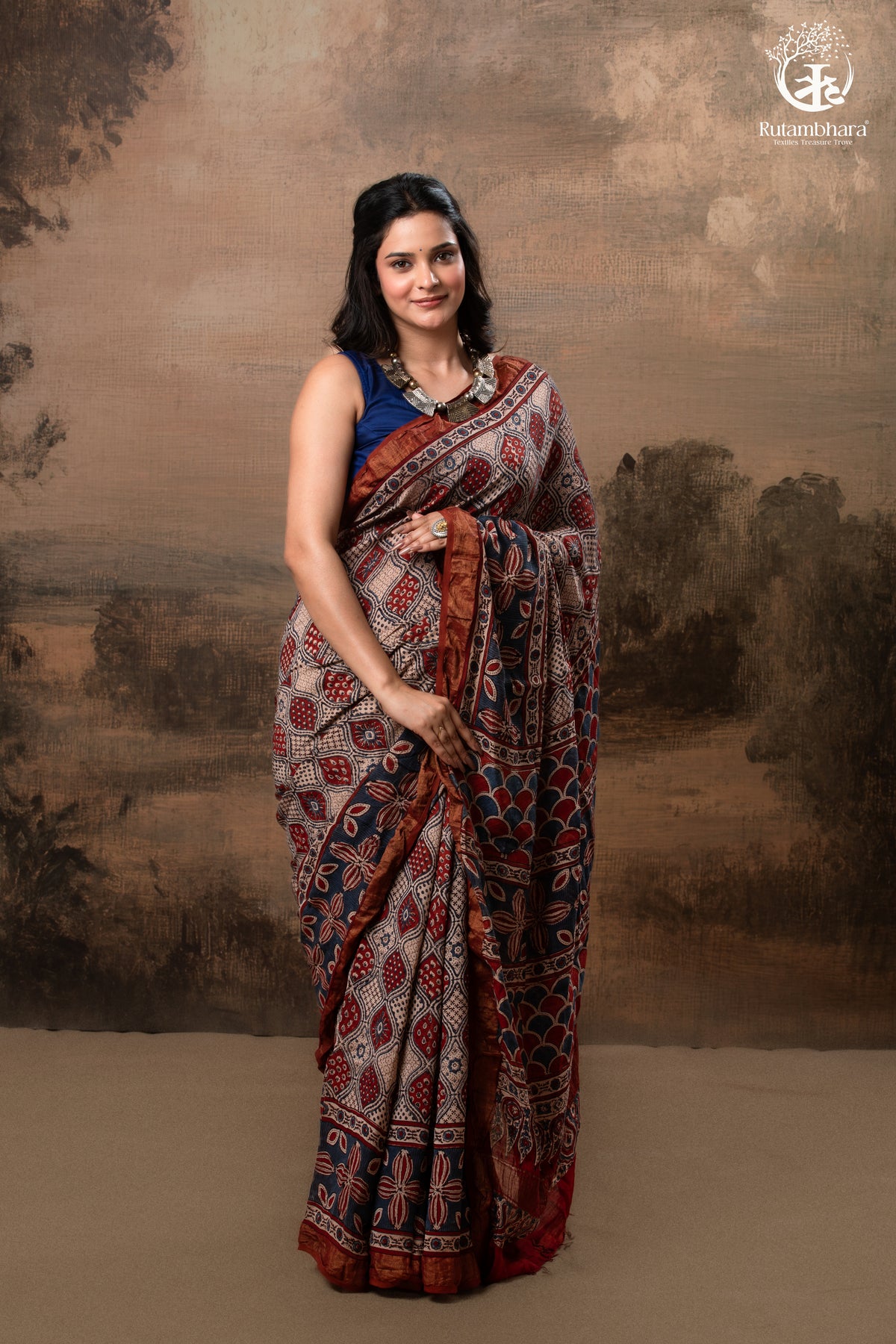Ushraa - Rust Red & Indigo  Ajrakh Silk Cotton Saree With Delicate Gold Zari Border