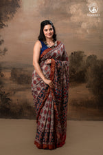 Ushraa - Rust Red & Indigo Ajrakh Silk Cotton Saree With Delicate Gold Zari Border-RUTAMBHARA-RUTAMBHARA