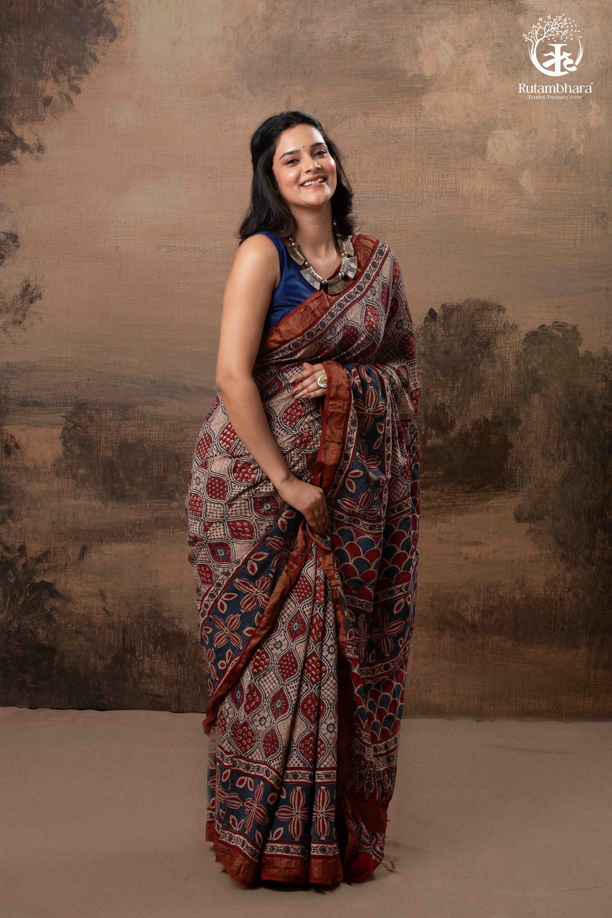 Ushraa - Rust Red & Indigo  Ajrakh Silk Cotton Saree With Delicate Gold Zari Border