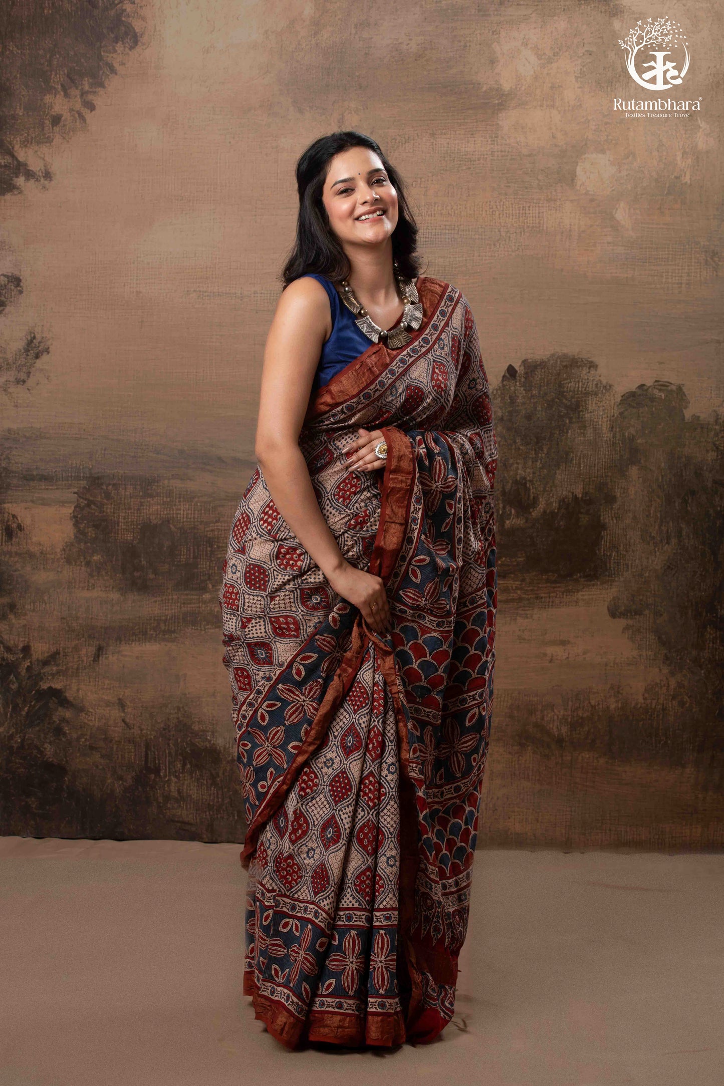 Ushraa - Rust Red & Indigo  Ajrakh Silk Cotton Saree With Delicate Gold Zari Border