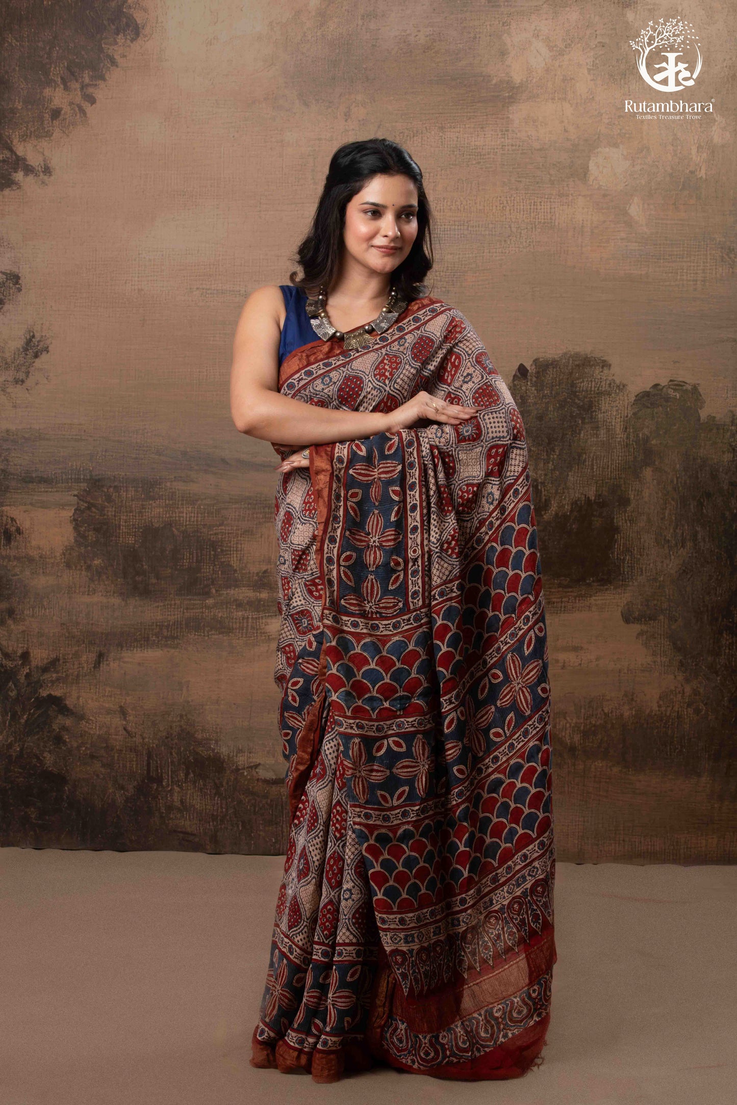 Ushraa - Rust Red & Indigo  Ajrakh Silk Cotton Saree With Delicate Gold Zari Border