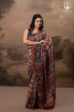 Ushraa - Rust Red & Indigo Ajrakh Silk Cotton Saree With Delicate Gold Zari Border-RUTAMBHARA-RUTAMBHARA