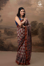 Ushraa - Rust Red & Indigo Ajrakh Silk Cotton Saree With Delicate Gold Zari Border-RUTAMBHARA-RUTAMBHARA