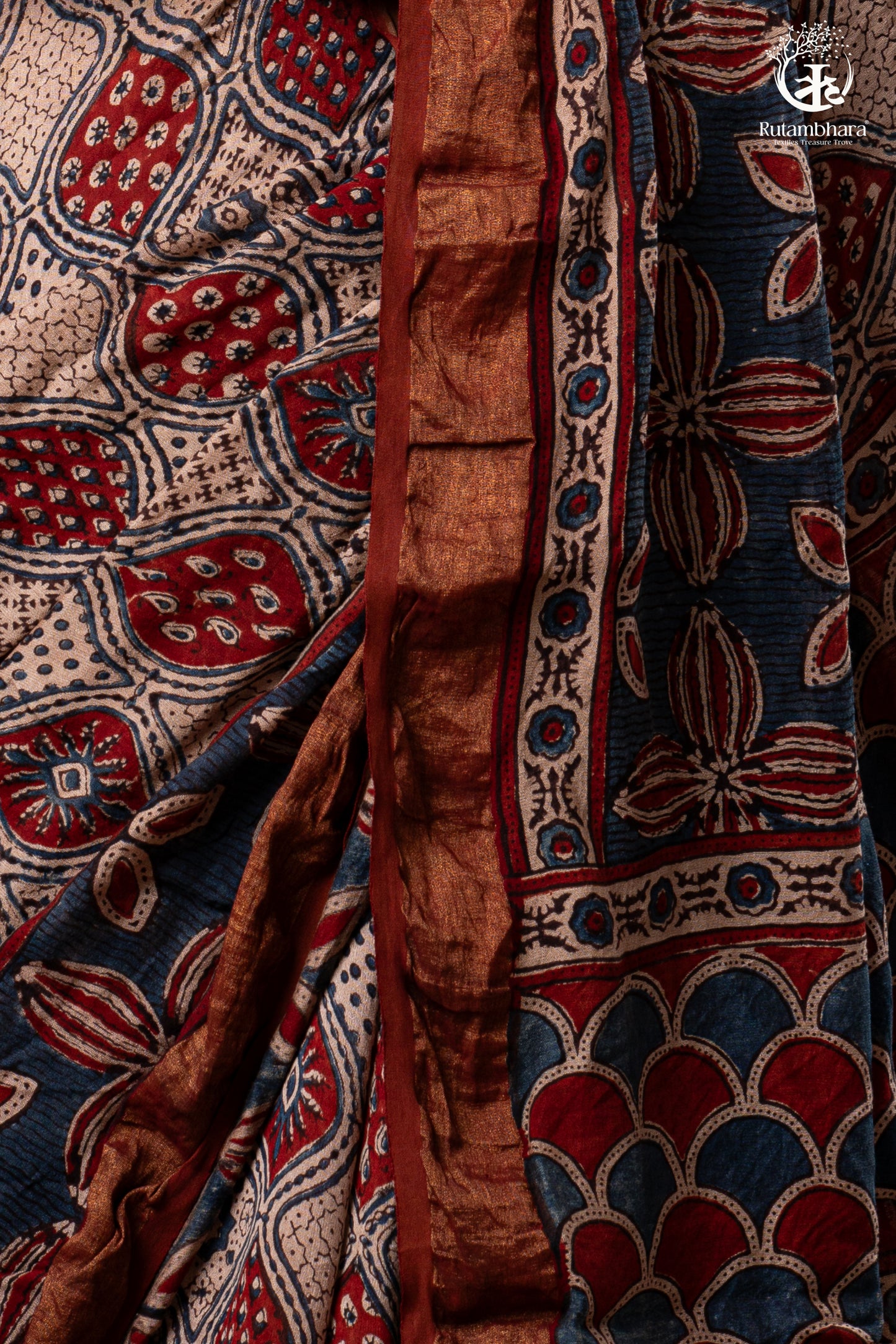 Ushraa - Rust Red & Indigo  Ajrakh Silk Cotton Saree With Delicate Gold Zari Border