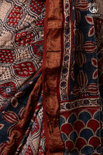 Ushraa - Rust Red & Indigo Ajrakh Silk Cotton Saree With Delicate Gold Zari Border-RUTAMBHARA-RUTAMBHARA
