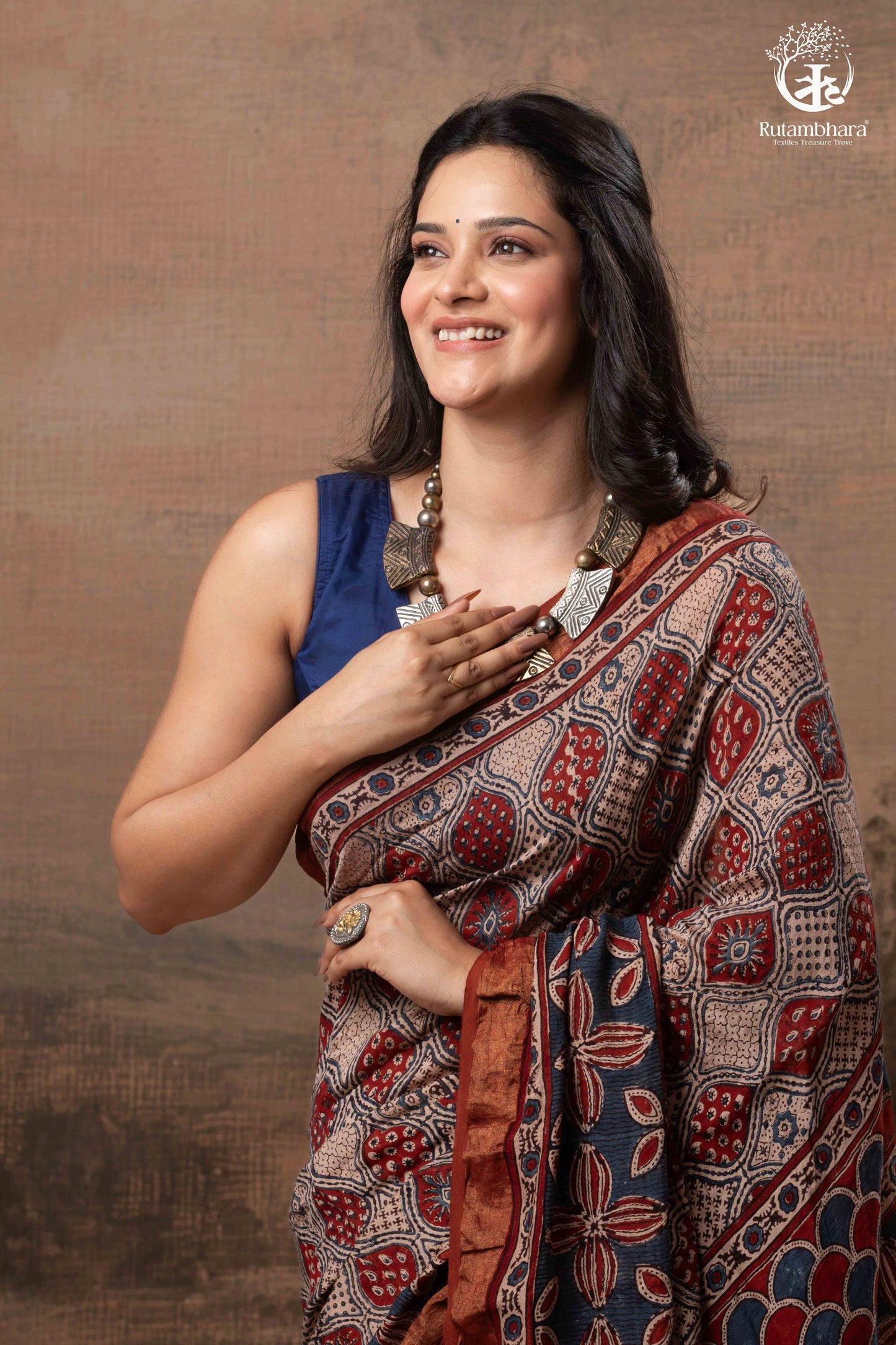 Ushraa - Rust Red & Indigo  Ajrakh Silk Cotton Saree With Delicate Gold Zari Border