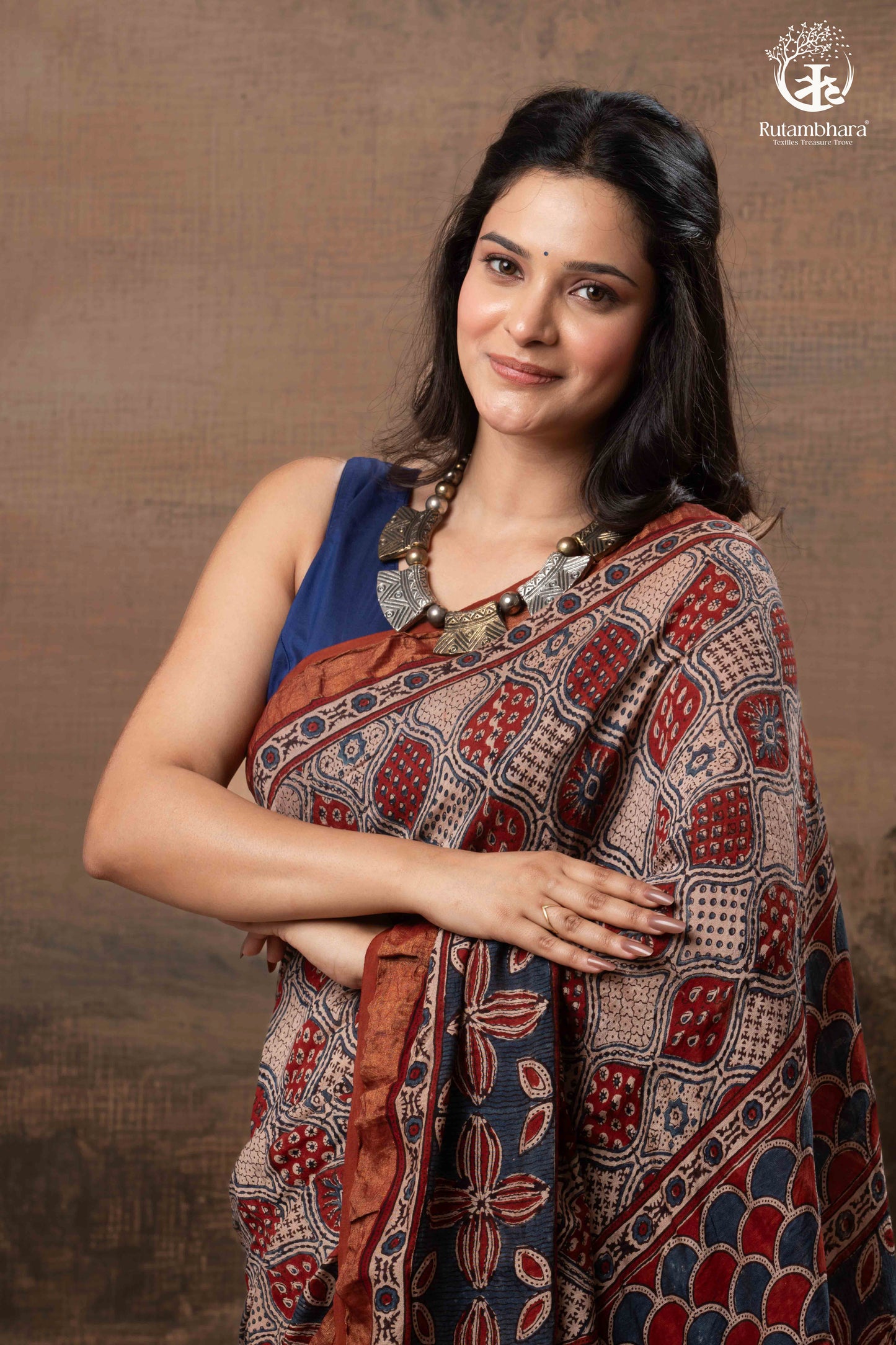 Ushraa - Rust Red & Indigo  Ajrakh Silk Cotton Saree With Delicate Gold Zari Border