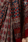 Ushraa - Rust Red & Indigo  Ajrakh Silk Cotton Saree With Delicate Gold Zari Border