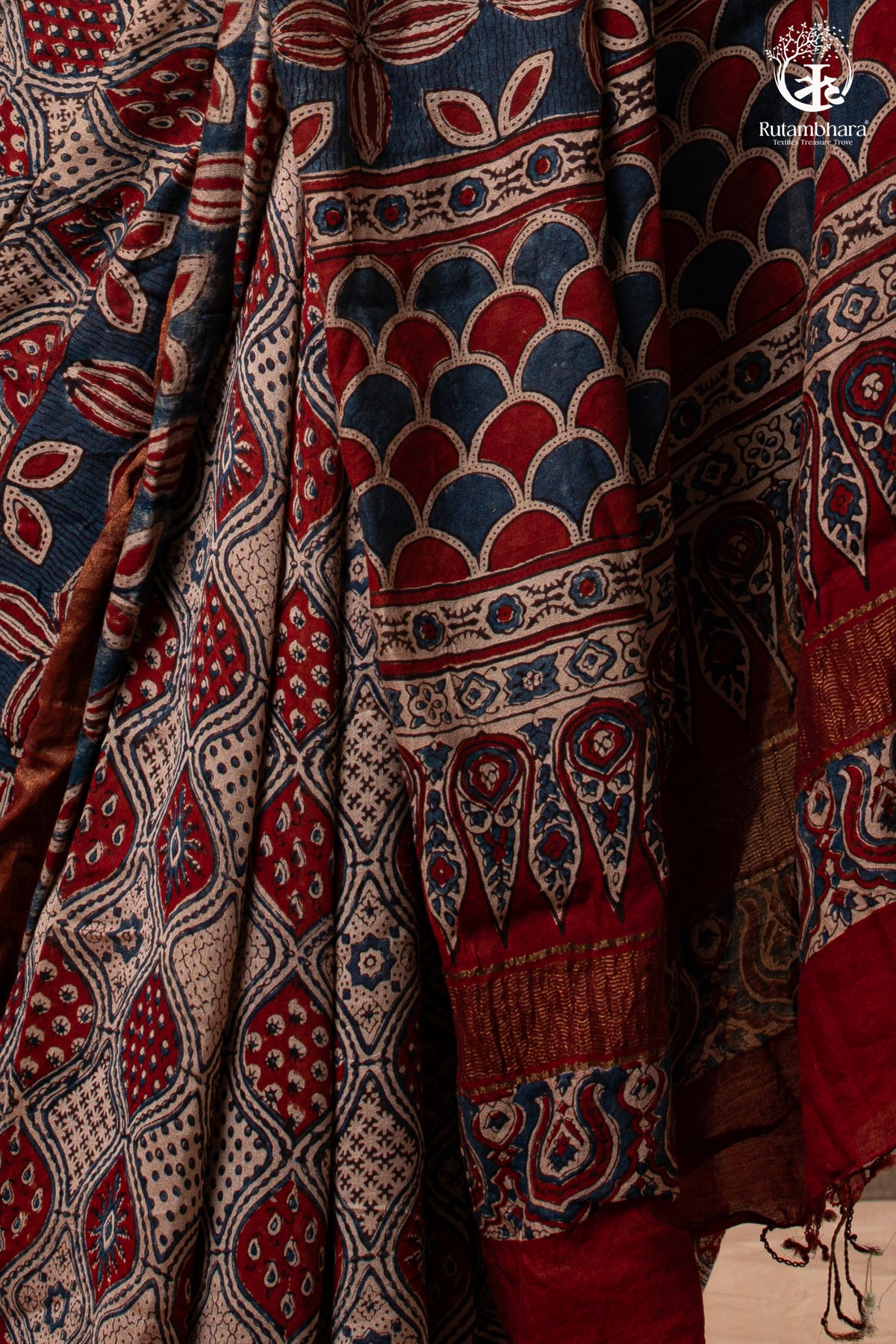 Ushraa - Rust Red & Indigo  Ajrakh Silk Cotton Saree With Delicate Gold Zari Border