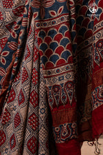 Ushraa - Rust Red & Indigo Ajrakh Silk Cotton Saree With Delicate Gold Zari Border-RUTAMBHARA-RUTAMBHARA