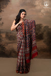 Ushraa - Rust Red & Indigo  Ajrakh Silk Cotton Saree With Delicate Gold Zari Border