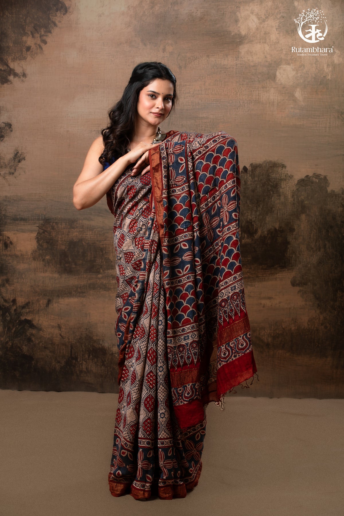 Ushraa - Rust Red & Indigo  Ajrakh Silk Cotton Saree With Delicate Gold Zari Border