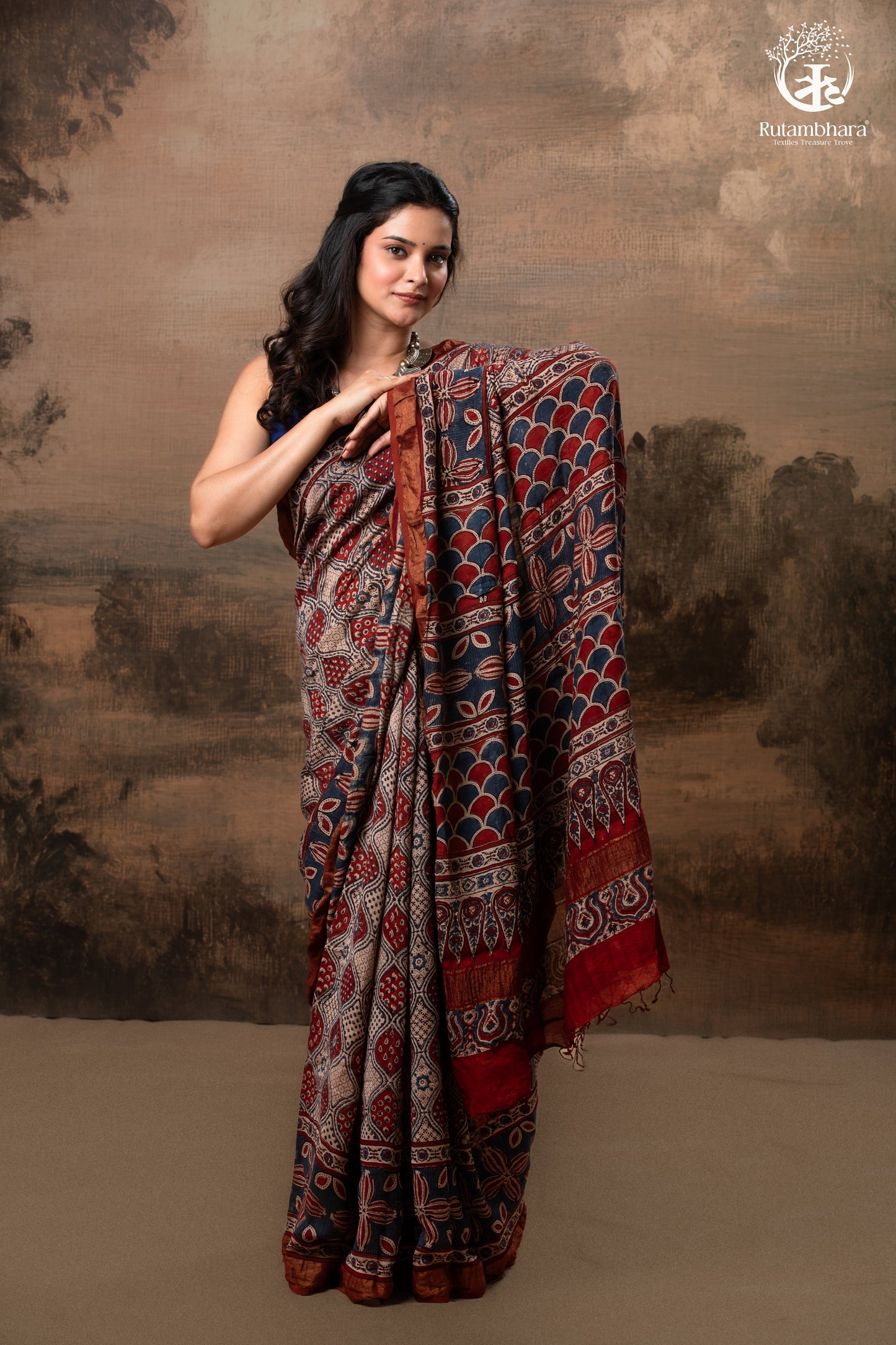 Ushraa - Rust Red & Indigo  Ajrakh Silk Cotton Saree With Delicate Gold Zari Border