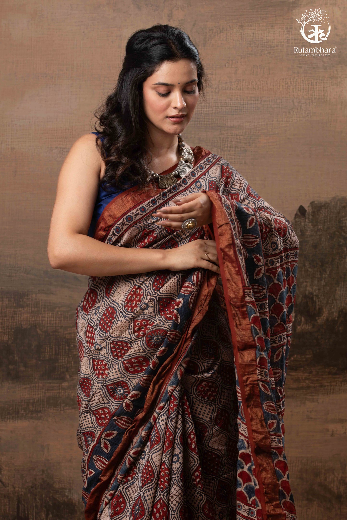 Ushraa - Rust Red & Indigo  Ajrakh Silk Cotton Saree With Delicate Gold Zari Border