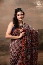 Ushraa - Rust Red & Indigo Ajrakh Silk Cotton Saree With Delicate Gold Zari Border-RUTAMBHARA-RUTAMBHARA
