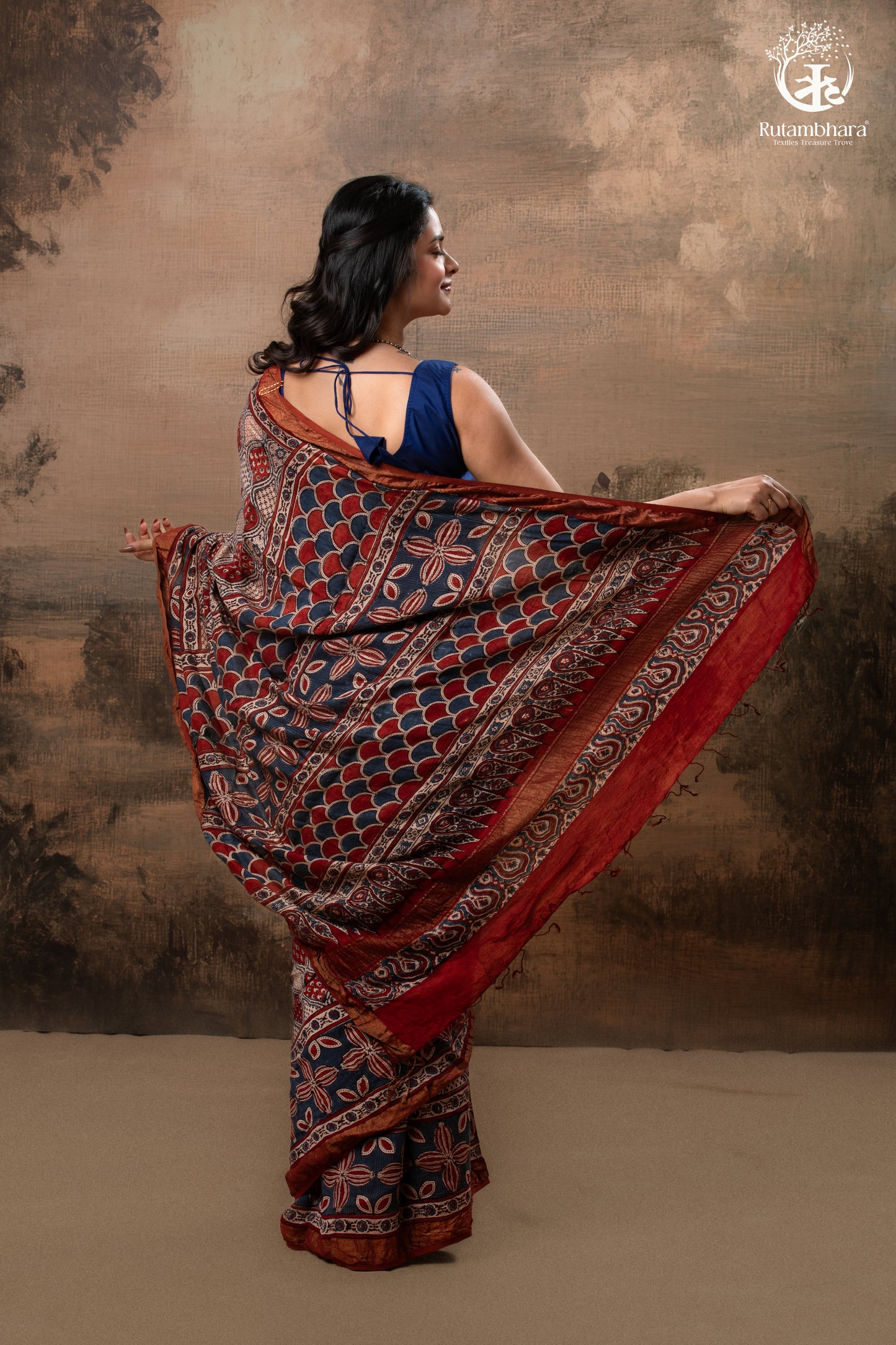 Ushraa - Rust Red & Indigo  Ajrakh Silk Cotton Saree With Delicate Gold Zari Border