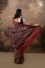 Ushraa - Rust Red & Indigo Ajrakh Silk Cotton Saree With Delicate Gold Zari Border-RUTAMBHARA-RUTAMBHARA