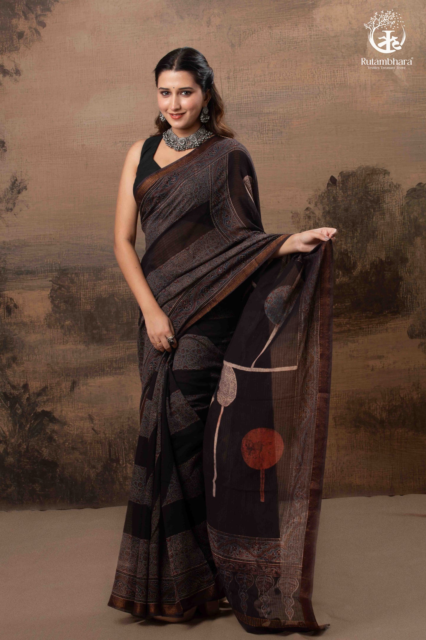 Ushraa - Ajrakh Hand Block Printed Black Kota Cotton Silk Saree with Gold Zari Border