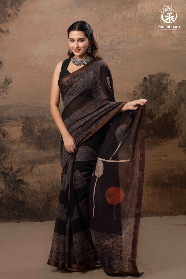 Ushraa - Ajrakh Hand Block Printed Black Kota Cotton Silk Saree with Gold Zari Border-RUTAMBHARA-RUTAMBHARA