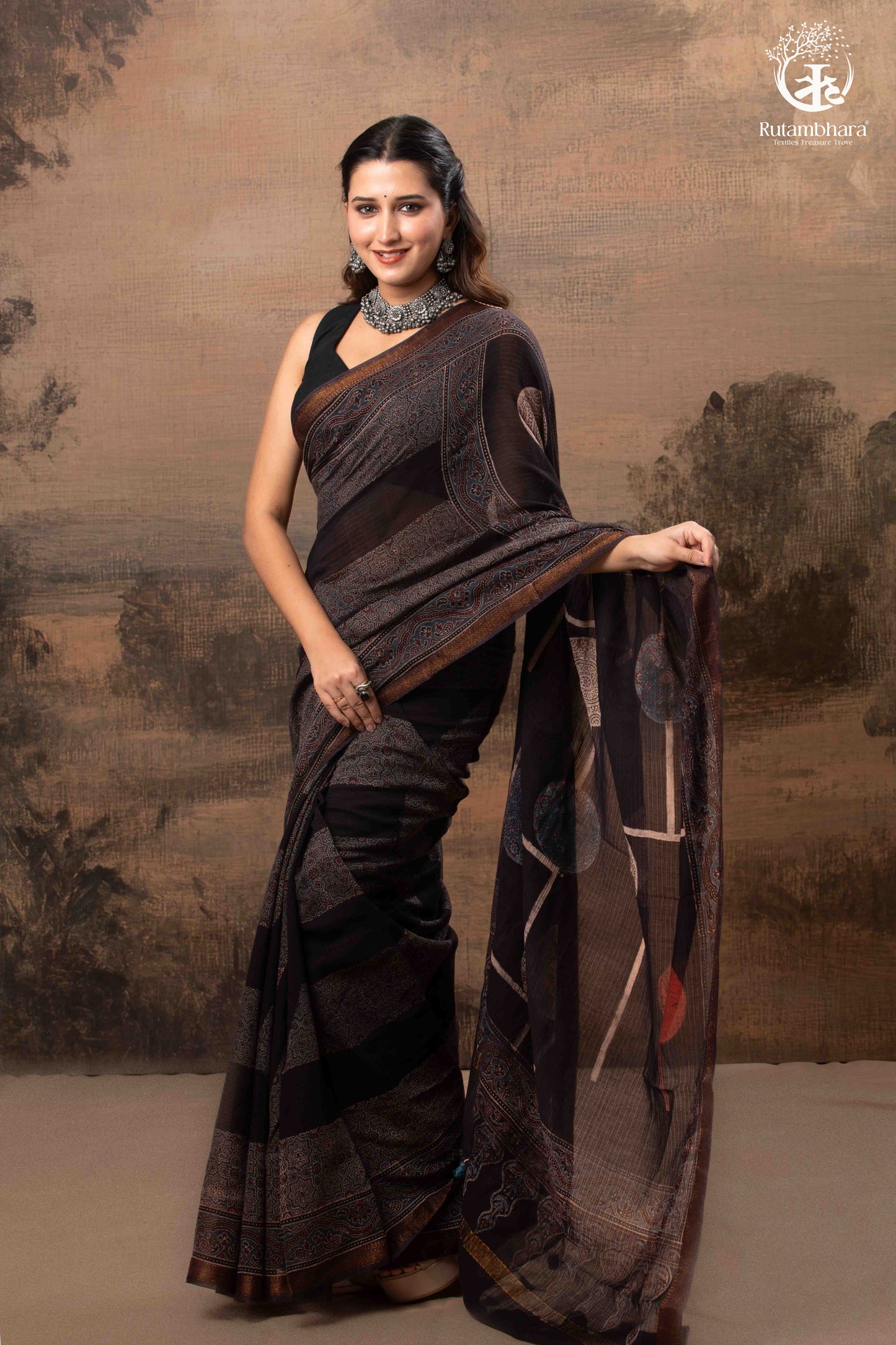 Ushraa - Ajrakh Hand Block Printed Black Kota Cotton Silk Saree with Gold Zari Border