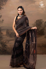 Ushraa - Ajrakh Hand Block Printed Black Kota Cotton Silk Saree with Gold Zari Border-RUTAMBHARA-RUTAMBHARA