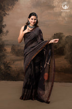 Ushraa - Ajrakh Hand Block Printed Black Kota Cotton Silk Saree with Gold Zari Border-RUTAMBHARA-RUTAMBHARA