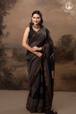 Ushraa - Ajrakh Hand Block Printed Black Kota Cotton Silk Saree with Gold Zari Border-RUTAMBHARA-RUTAMBHARA