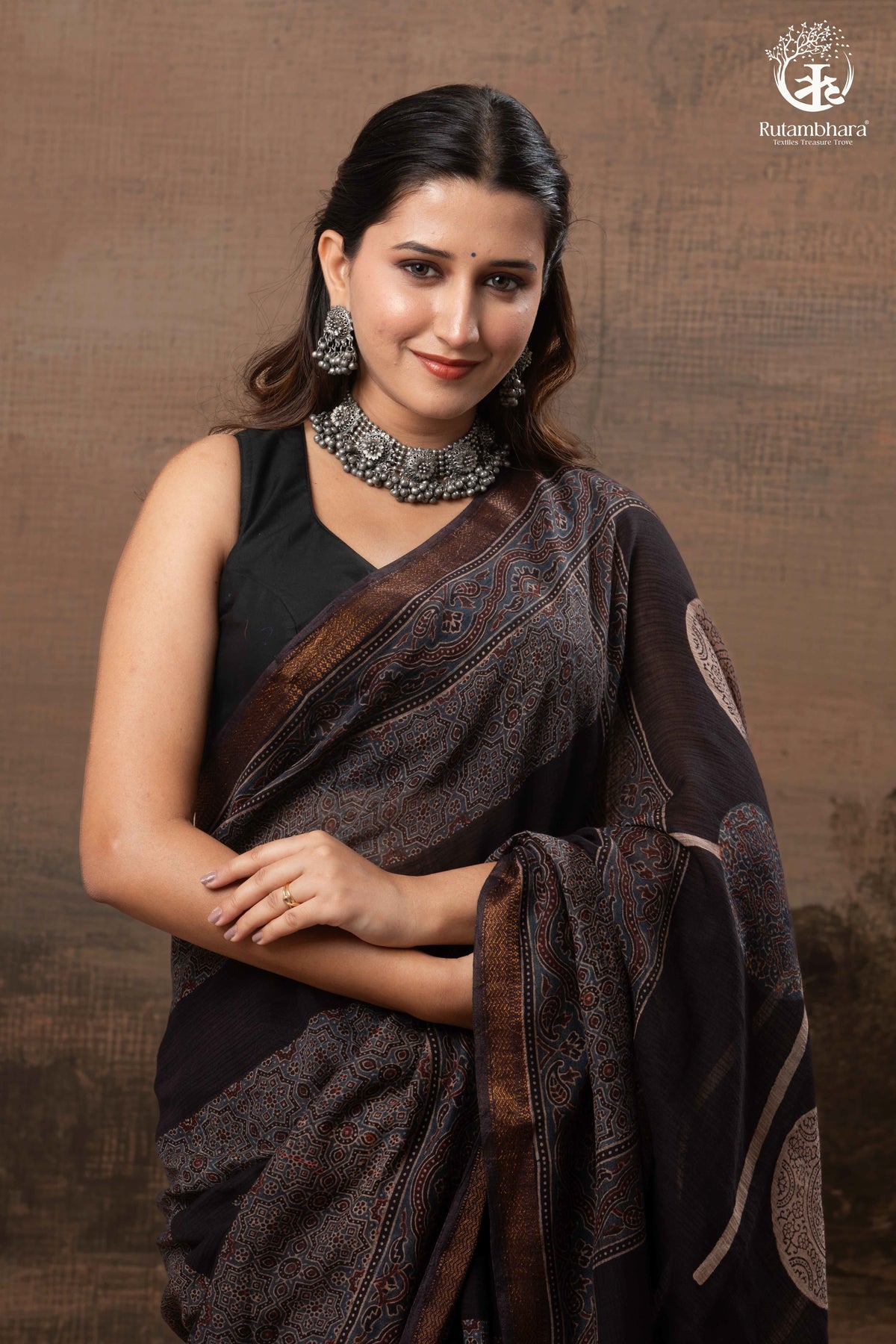 Ushraa - Ajrakh Hand Block Printed Black Kota Cotton Silk Saree with Gold Zari Border
