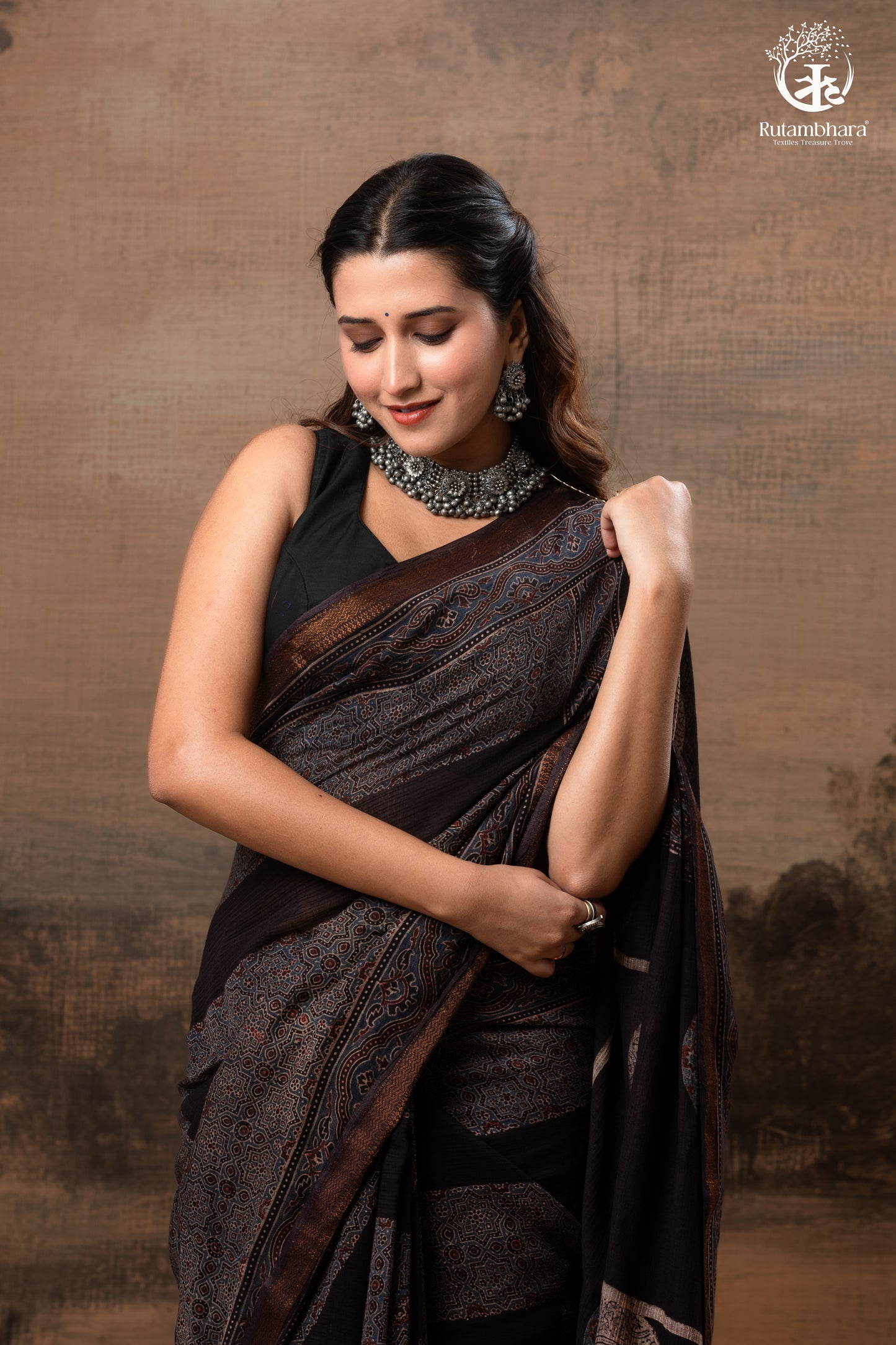 Ushraa - Ajrakh Hand Block Printed Black Kota Cotton Silk Saree with Gold Zari Border