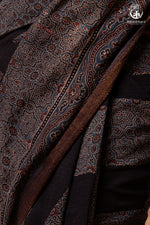 Ushraa - Ajrakh Hand Block Printed Black Kota Cotton Silk Saree with Gold Zari Border-RUTAMBHARA-RUTAMBHARA