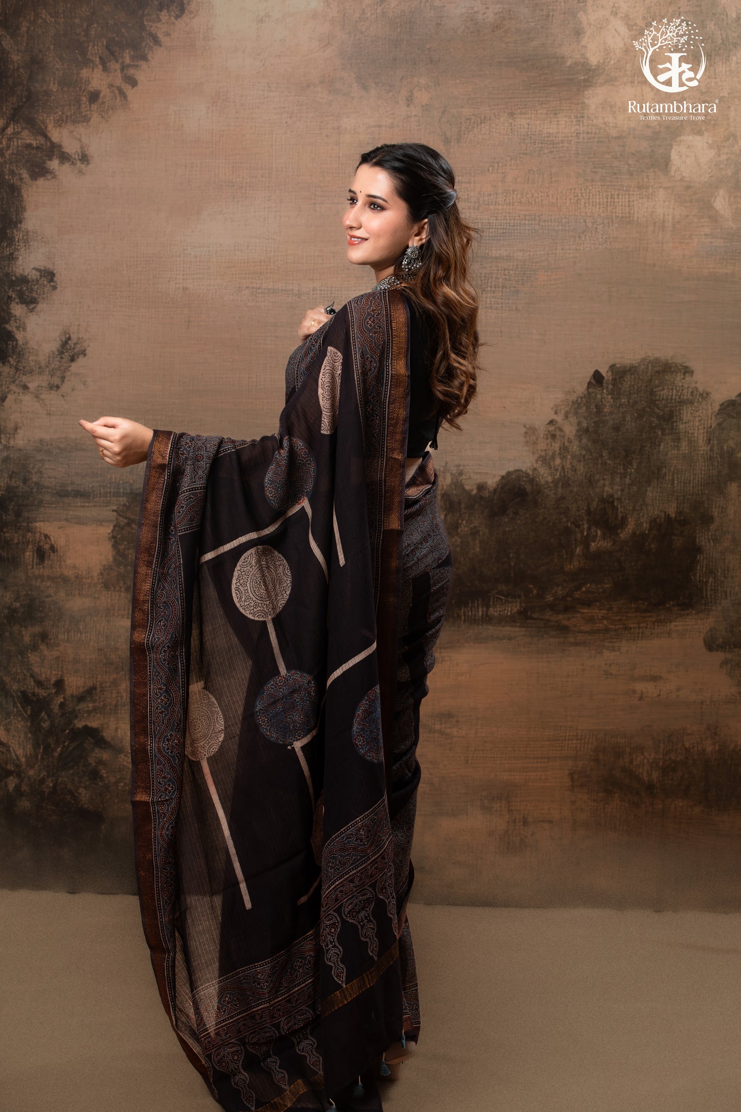 Ushraa - Ajrakh Hand Block Printed Black Kota Cotton Silk Saree with Gold Zari Border