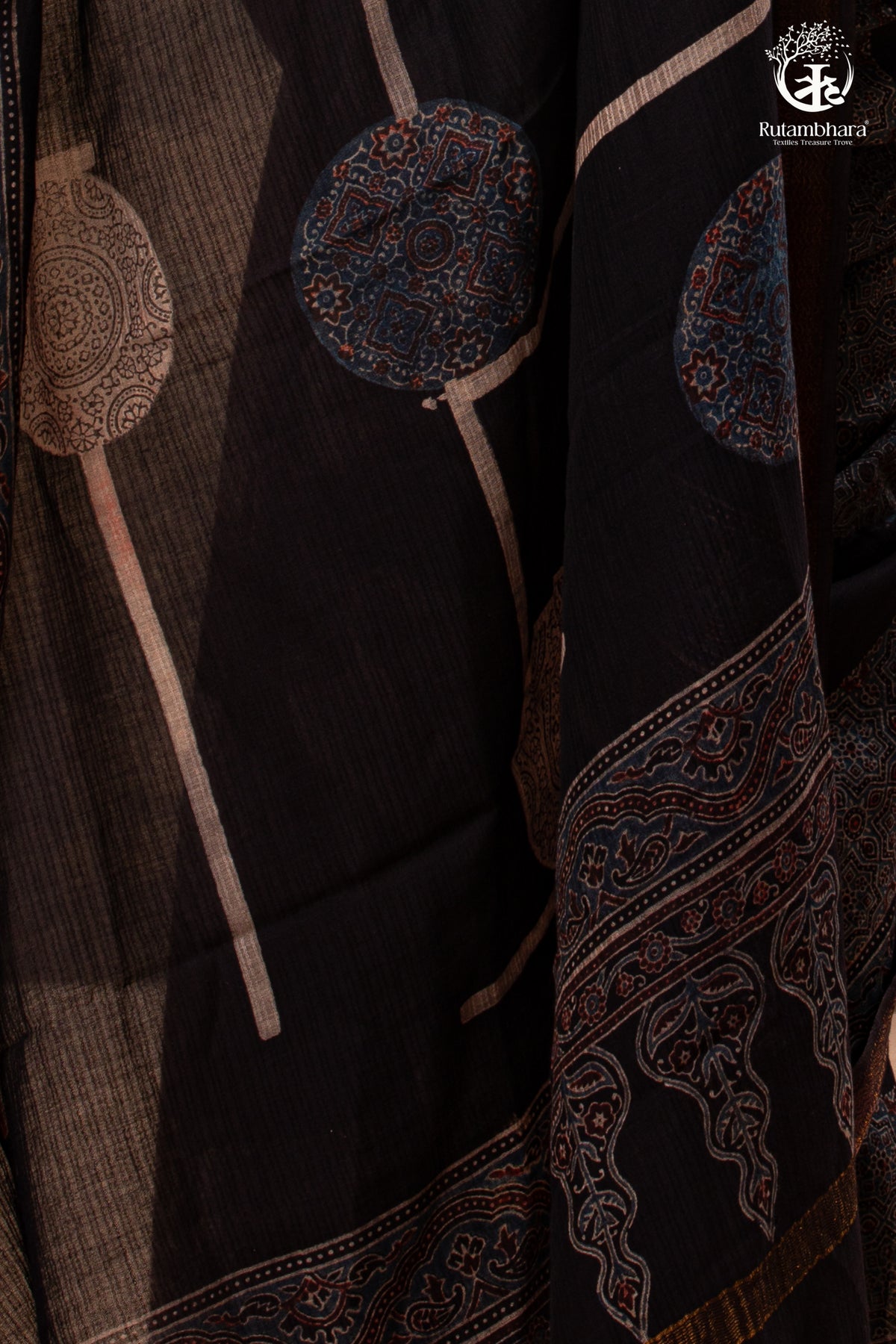 Ushraa - Ajrakh Hand Block Printed Black Kota Cotton Silk Saree with Gold Zari Border