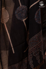 Ushraa - Ajrakh Hand Block Printed Black Kota Cotton Silk Saree with Gold Zari Border-RUTAMBHARA-RUTAMBHARA