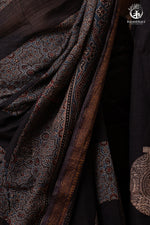 Ushraa - Ajrakh Hand Block Printed Black Kota Cotton Silk Saree with Gold Zari Border-RUTAMBHARA-RUTAMBHARA