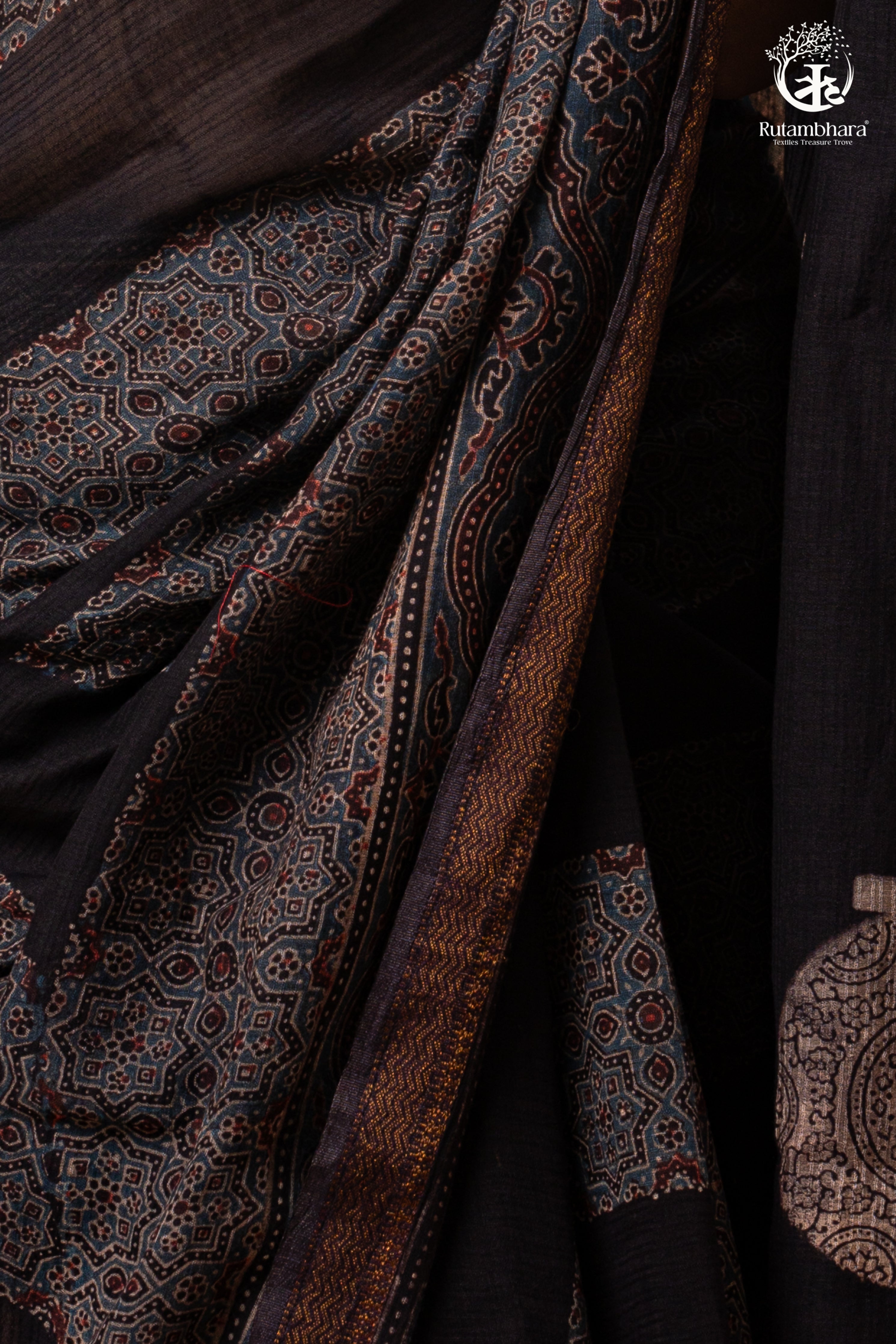 Ushraa - Ajrakh Hand Block Printed Black Kota Cotton Silk Saree with Gold Zari Border
