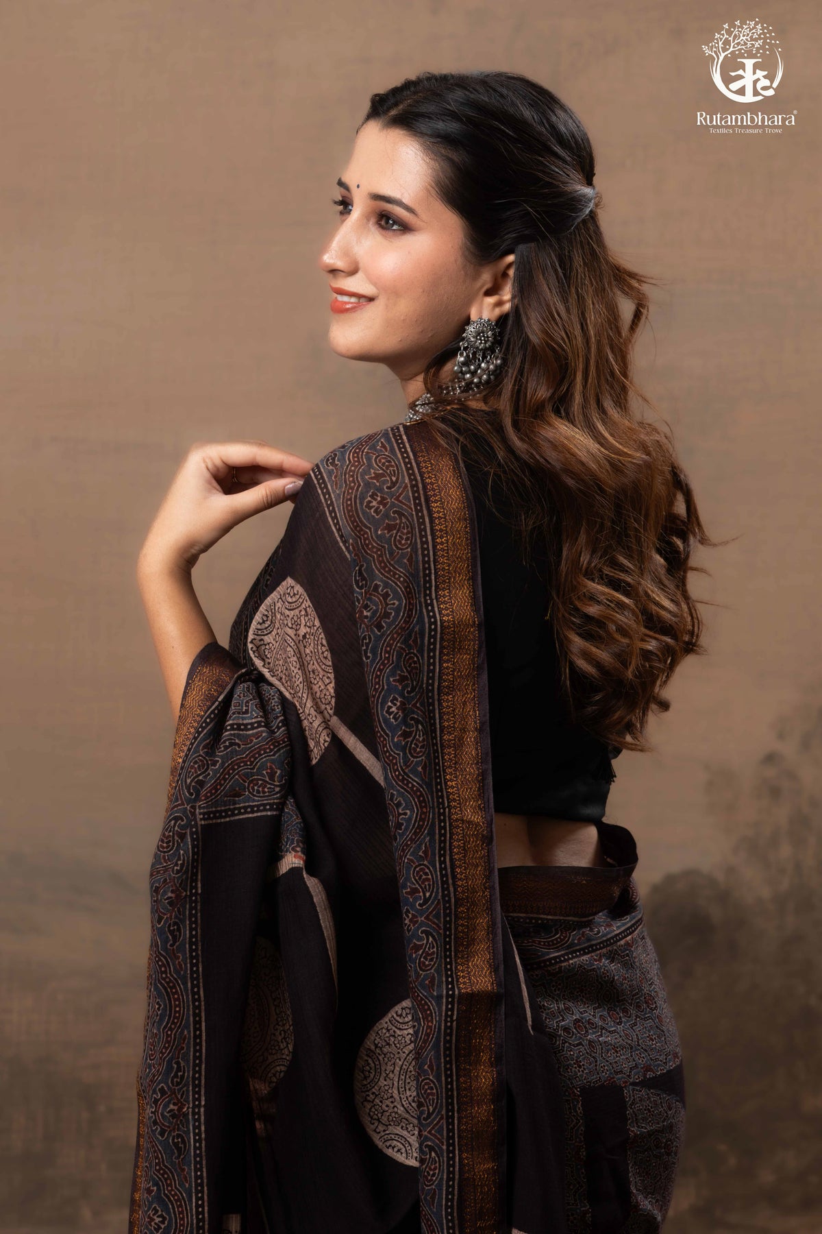 Ushraa - Ajrakh Hand Block Printed Black Kota Cotton Silk Saree with Gold Zari Border